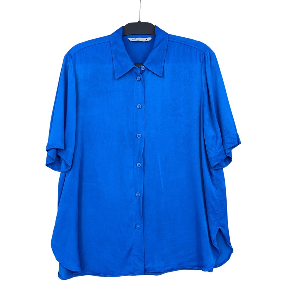 Zara Button Down Shirt Mens XL 100% Viscose Blue Short Sleeve